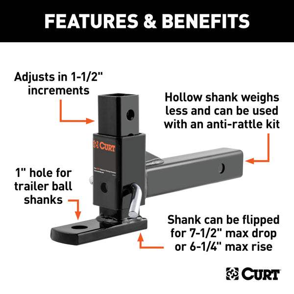 CURT 45812 Adjustable Ball Mount (2in. Shank; 1in. Ball Hole) - Truck Part Superstore