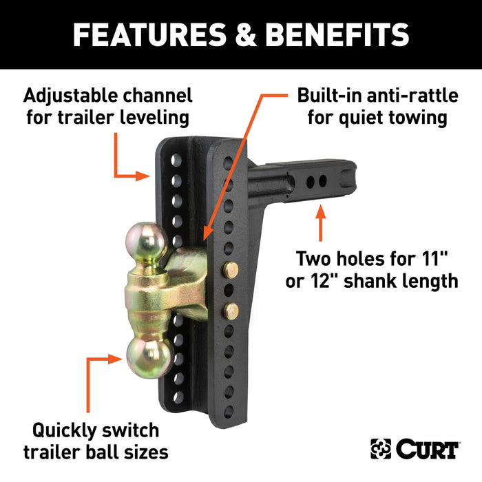 CURT 45926 Adjustable Channel Mount with Dual Ball (2in. Shank; 14;000 lbs.; 10-1/8in. Drop - Truck Part Superstore