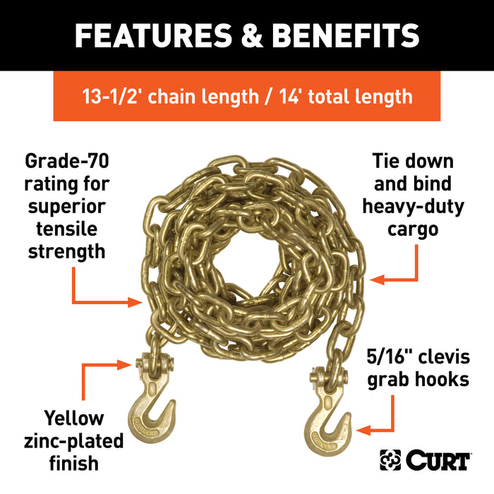 CURT 80305 14ft. Transport Binder Safety Chain with 2 Clevis Hooks (18;800 lbs; Yellow Zinc - Truck Part Superstore