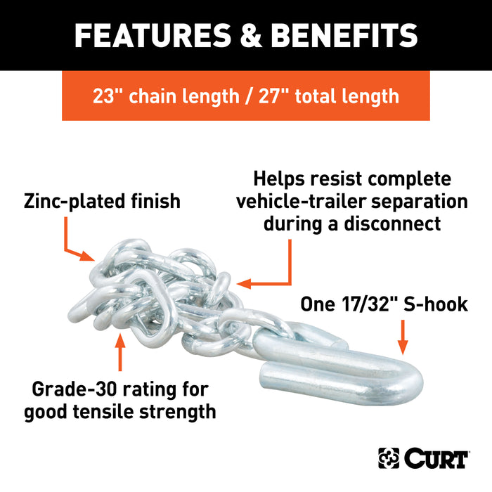 CURT 80300 27in. Safety Chain with 1 S-Hook (7;000 lbs; Clear Zinc) - Truck Part Superstore