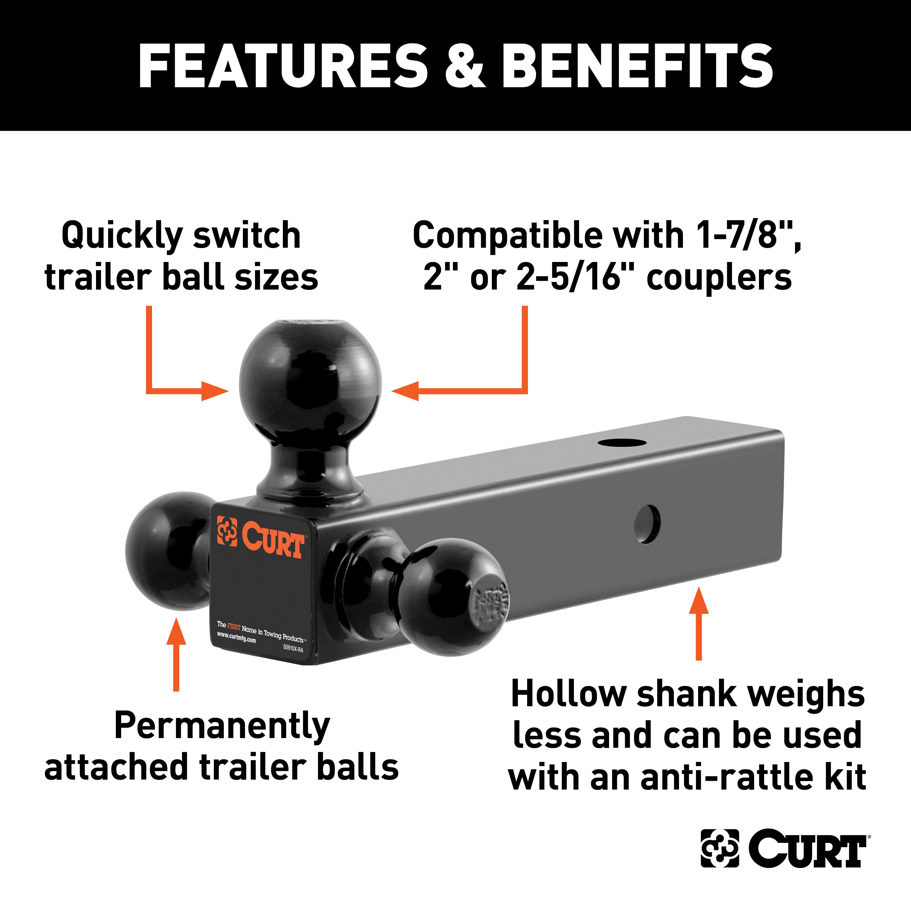 CURT 45651 Multi-Ball Mount (2-1/2in. Hollow Shank; 1-7/8in.; 2in./2-5/16in. Black Balls) - Truck Part Superstore