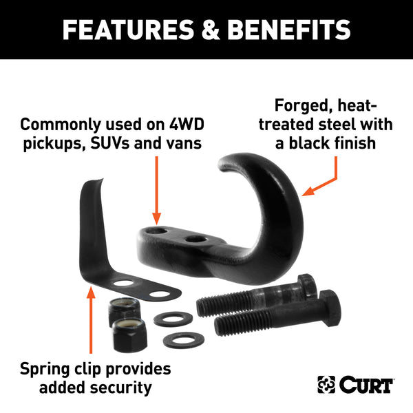 CURT 22411 CURT 22411 Bolt-On Black Steel Tow Hook with Spring Clip; 10;000 lbs Capacity - Truck Part Superstore
