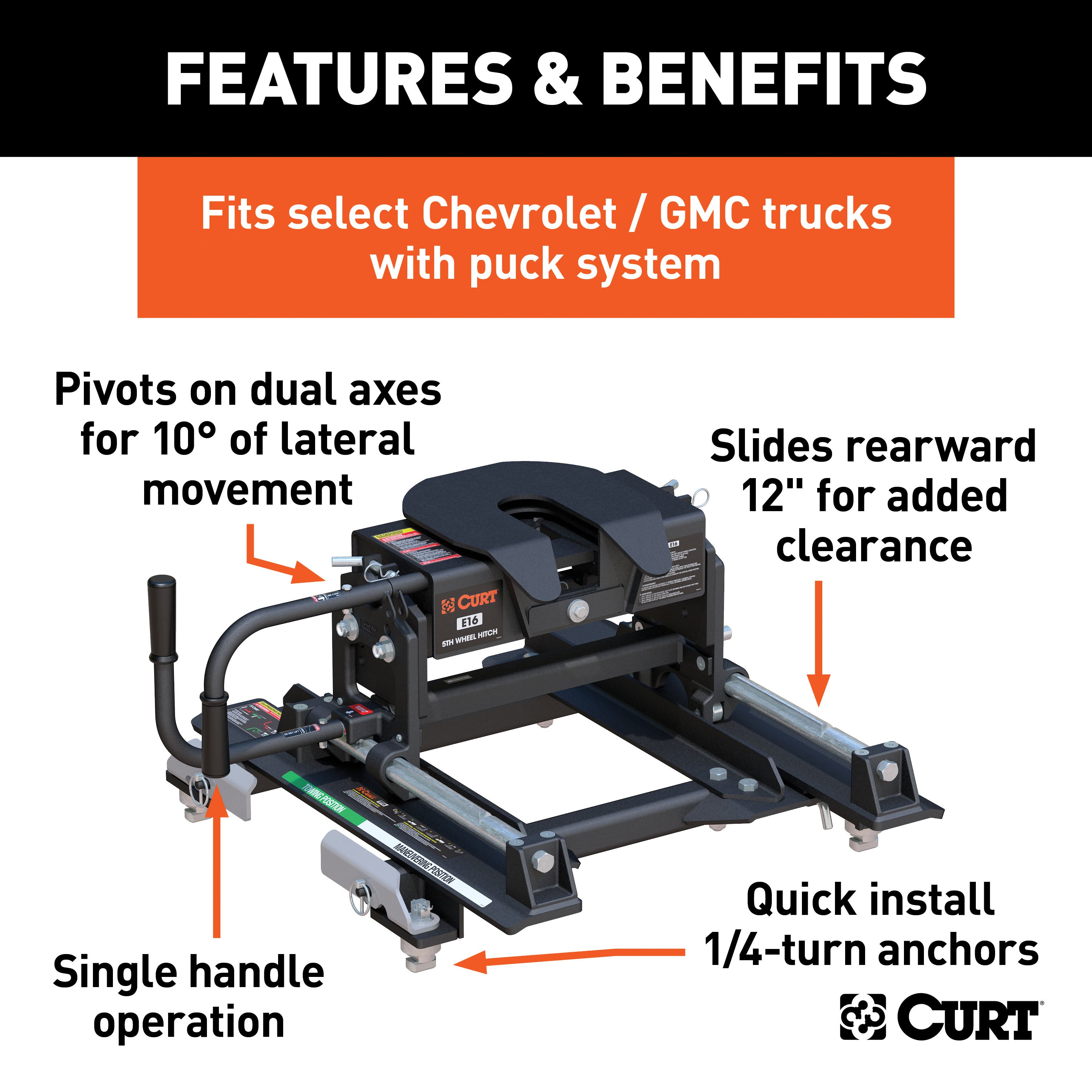 CURT 16667 E16 Sliding 5th Wheel Hitch; 16K; Select Silverado; Sierra; 6.5ft. Bed Puck Syst - Truck Part Superstore