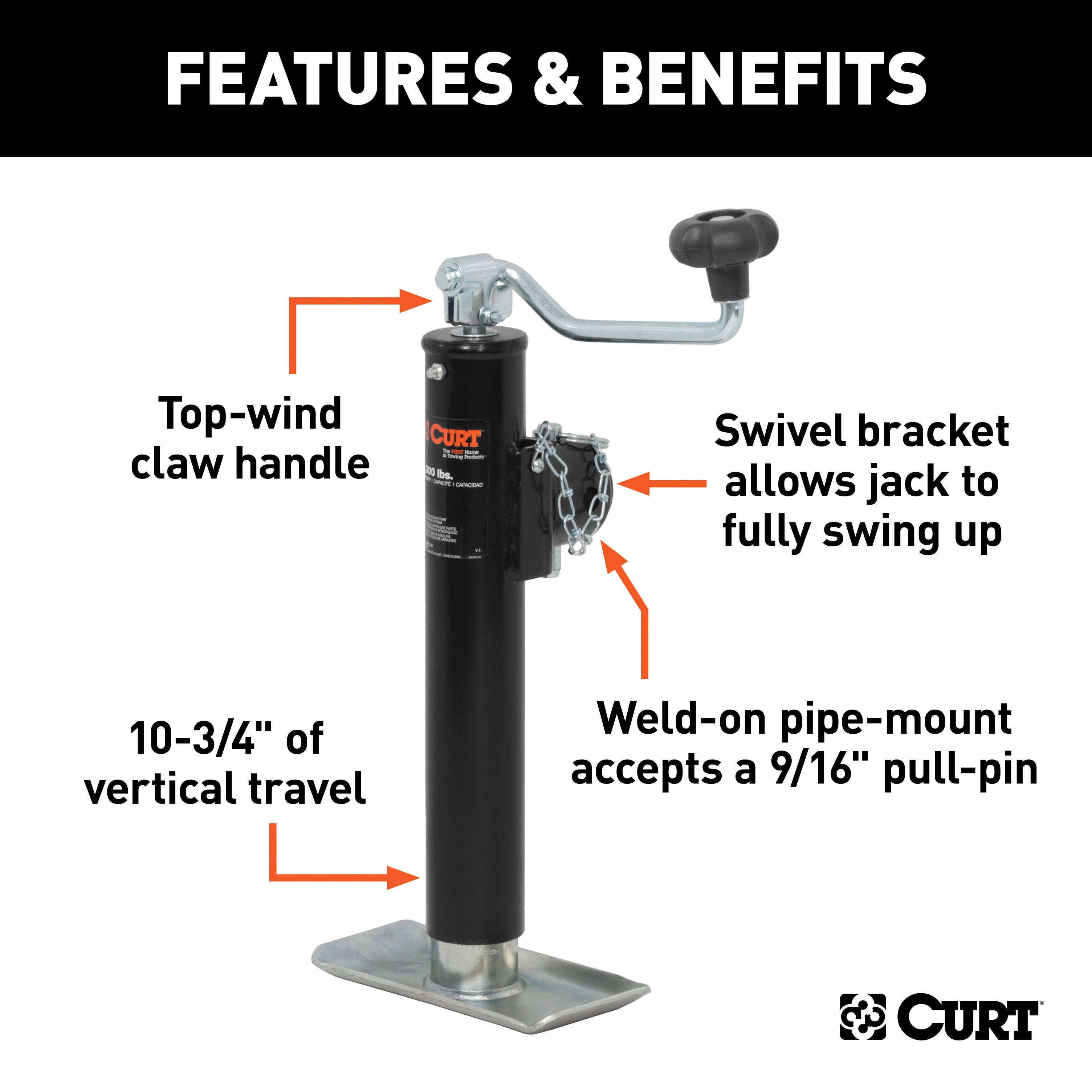 CURT 28350 Pipe-Mount Swivel Jack with Top Handle (5;000 lbs; 10in. Travel) - Truck Part Superstore