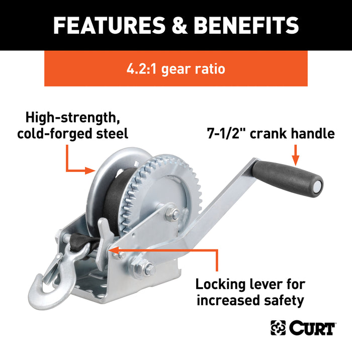 CURT 29435 Hand Crank Win. with 20ft. Strap (1;400 lbs; 7-1/2in. Handle) - Truck Part Superstore