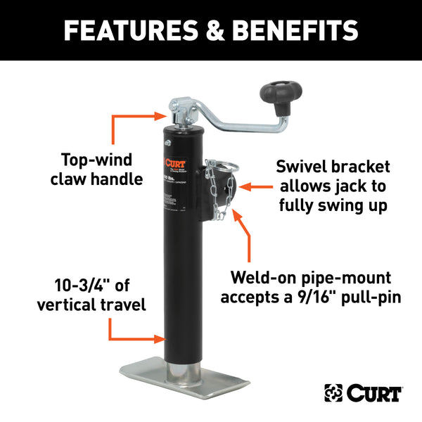 CURT 28320 Pipe-Mount Swivel Jack with Top Handle (2;000 lbs; 10in. Travel) - Truck Part Superstore