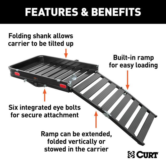 CURT 18112 50in. x 30in. Black Aluminum Hitch Cargo Carrier with Ramp (Folding 2in. Shank) - Truck Part Superstore